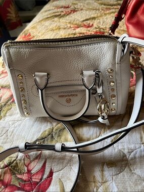 Michael Kors White Pebbled Leather Satchel with Gold Accents